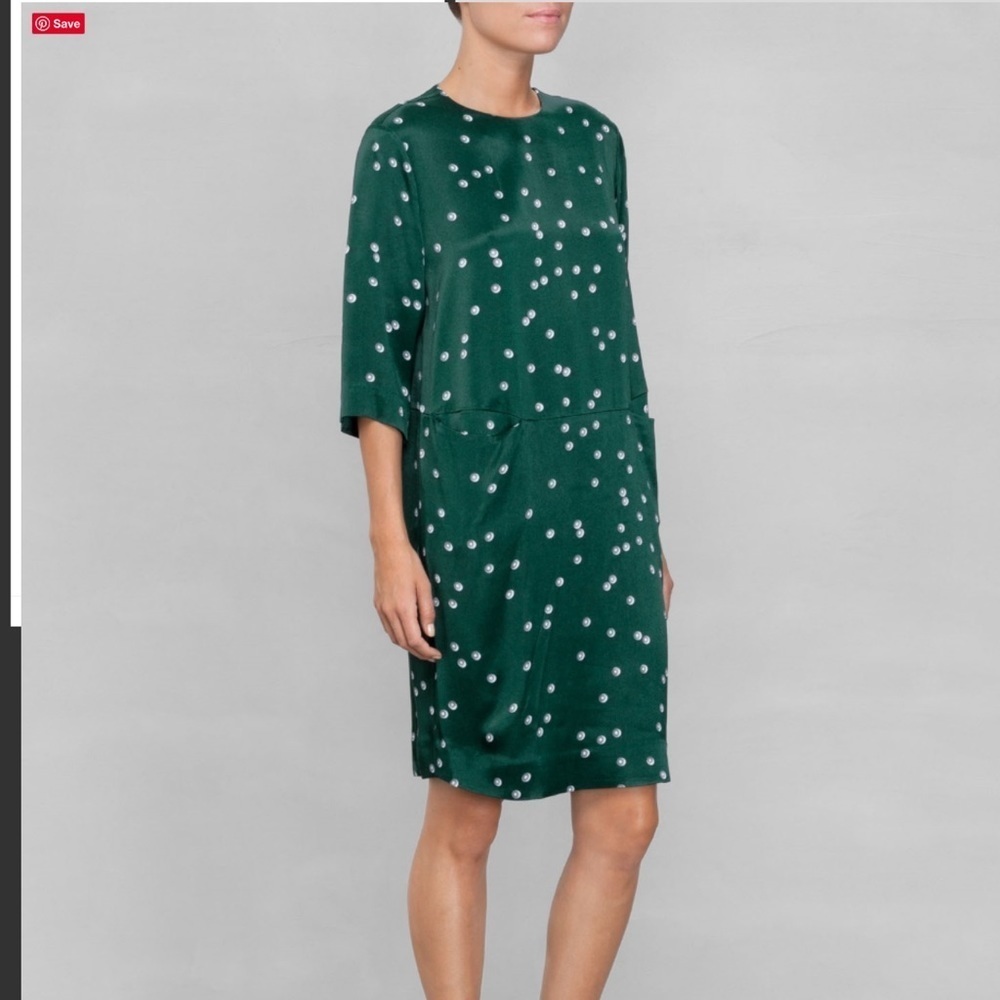 & Other Stories Green Satin Dress with Pearl Print